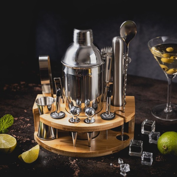 НАБІР БАРМЕРА ДЛЯ НАПОЇВ ТА КОКТЕЙЛІВ, 12-ПРЕДМЕТНИЙ СРІБНИЙ ШЕЙКЕР KLAUSBERG KB-7655