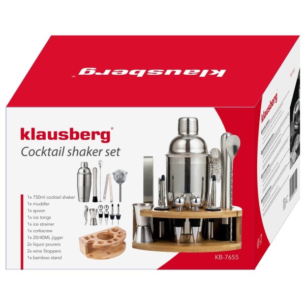 НАБІР БАРМЕРА ДЛЯ НАПОЇВ ТА КОКТЕЙЛІВ, 12-ПРЕДМЕТНИЙ СРІБНИЙ ШЕЙКЕР KLAUSBERG KB-7655