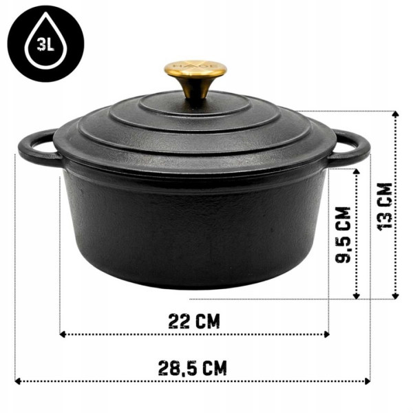 EMALIOWANY GARNEK ŻELIWNY 22cm 3L HAGE CZARNY MAT