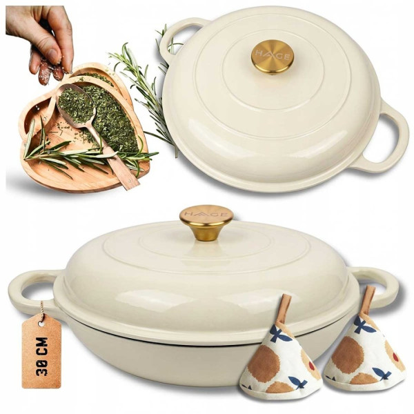 EMALIOWANY GARNEK ŻELIWNY PŁASKI 30cm 3L HAGE CREAM